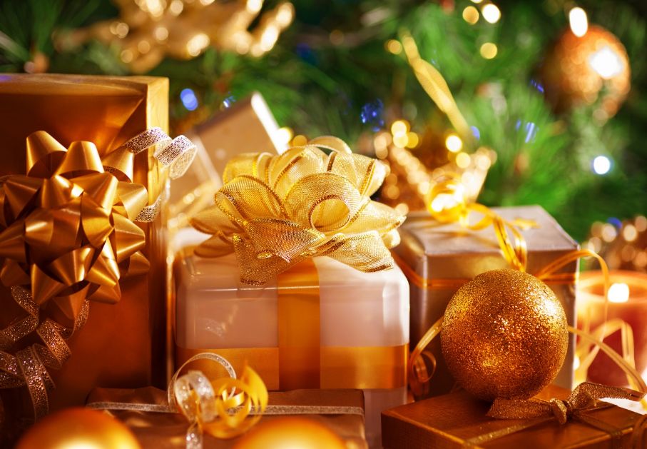 presents wrapped in gold